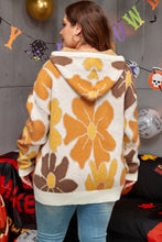 Load image into Gallery viewer, White Large Flower Knitted Drawstring Hooded Plus Size Sweater
