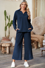 Load image into Gallery viewer, Sail Blue Solid Textured Collared V Neck Top and Wide Leg Pants Set
