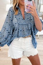 Load image into Gallery viewer, Sky Blue Ethnic Geometric Print Frill Neck Loose Fit Blouse
