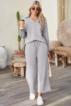 Load image into Gallery viewer, Sail Blue Solid Textured Collared V Neck Top and Wide Leg Pants Set
