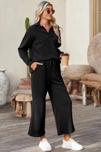 Load image into Gallery viewer, Sail Blue Solid Textured Collared V Neck Top and Wide Leg Pants Set
