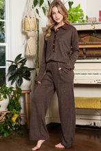 Load image into Gallery viewer, Black Ribbed Henley Shirt and Wide Leg Pants Loungewear Set
