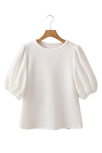 Load image into Gallery viewer, White Solid Textured O Neck Puff Sleeve Blouse
