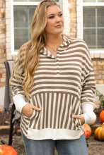 Load image into Gallery viewer, Brown Stripe Drop Sleeve Plus Size Henley Hoodie
