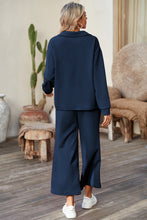 Load image into Gallery viewer, Sail Blue Solid Textured Collared V Neck Top and Wide Leg Pants Set
