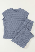 Load image into Gallery viewer, Blue Quilted Textured Short Sleeve Top and Wide Leg Pants Set
