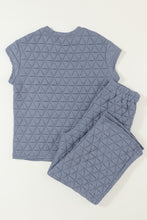 Load image into Gallery viewer, Blue Quilted Textured Short Sleeve Top and Wide Leg Pants Set
