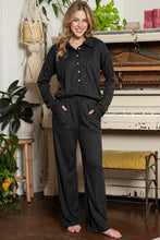 Load image into Gallery viewer, Black Ribbed Henley Shirt and Wide Leg Pants Loungewear Set
