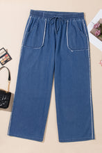 Load image into Gallery viewer, Sail Blue High Waist Pocket Distressed Trim Wide Leg Plus Size Jeans
