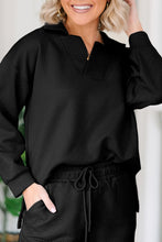 Load image into Gallery viewer, Black Solid Textured Collared V Neck Top and Wide Leg Pants Set
