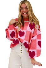 Load image into Gallery viewer, Pink Plus Size Heart Checkered Colorblock Lantern Sleeve Sweater
