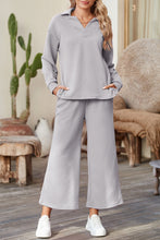 Load image into Gallery viewer, Sail Blue Solid Textured Collared V Neck Top and Wide Leg Pants Set
