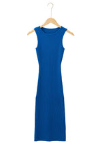 Load image into Gallery viewer, Dark Blue Solid Ribbed Knit Sheath Sleeveless Midi Sweater Dress
