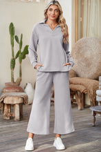 Load image into Gallery viewer, Sail Blue Solid Textured Collared V Neck Top and Wide Leg Pants Set
