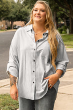 Load image into Gallery viewer, White Stripe Rolled Tab Sleeve Buttoned Plus Size Shirt
