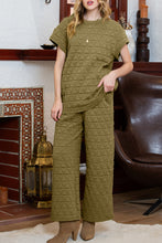 Load image into Gallery viewer, Blue Quilted Textured Short Sleeve Top and Wide Leg Pants Set
