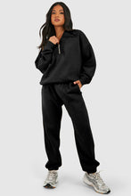 Load image into Gallery viewer, Black Plain Half Zip V Neck Top &amp; Ribbed Edge Loose Pants Sets
