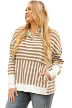 Load image into Gallery viewer, Brown Stripe Drop Sleeve Plus Size Henley Hoodie
