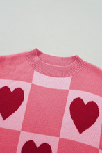 Load image into Gallery viewer, Pink Plus Size Heart Checkered Colorblock Lantern Sleeve Sweater
