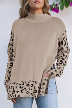 Load image into Gallery viewer, Khaki Leopard High Neck Side Slit Oversized Sweater
