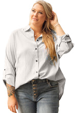 Load image into Gallery viewer, White Stripe Rolled Tab Sleeve Buttoned Plus Size Shirt
