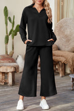 Load image into Gallery viewer, Sail Blue Solid Textured Collared V Neck Top and Wide Leg Pants Set
