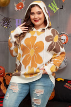 Load image into Gallery viewer, White Large Flower Knitted Drawstring Hooded Plus Size Sweater
