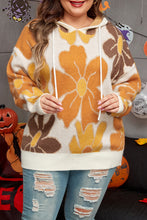 Load image into Gallery viewer, White Large Flower Knitted Drawstring Hooded Plus Size Sweater
