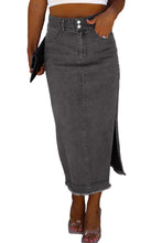 Load image into Gallery viewer, Black Raw Edge Side Slits Buttoned Midi Denim Skirt
