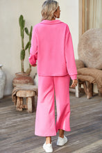 Load image into Gallery viewer, Sail Blue Solid Textured Collared V Neck Top and Wide Leg Pants Set
