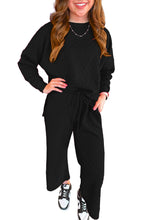 Load image into Gallery viewer, Black Checkered Textured Split Pullover Top and Pants Set
