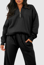 Load image into Gallery viewer, Black Plain Half Zip V Neck Top &amp; Ribbed Edge Loose Pants Sets
