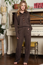 Load image into Gallery viewer, Black Ribbed Henley Shirt and Wide Leg Pants Loungewear Set
