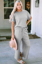 Load image into Gallery viewer, Gray Textured Loose Fit T Shirt and Drawstring Pants Set
