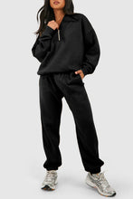 Load image into Gallery viewer, Black Plain Half Zip V Neck Top &amp; Ribbed Edge Loose Pants Sets
