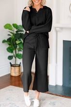 Load image into Gallery viewer, Black Solid Textured Collared V Neck Top and Wide Leg Pants Set
