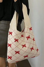 Load image into Gallery viewer, Fiery Red Bow Argyle Pattern Cable Knit Shoulder Bag
