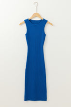 Load image into Gallery viewer, Dark Blue Solid Ribbed Knit Sheath Sleeveless Midi Sweater Dress
