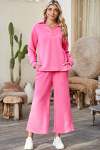 Load image into Gallery viewer, Sail Blue Solid Textured Collared V Neck Top and Wide Leg Pants Set
