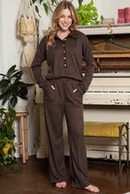 Load image into Gallery viewer, Black Ribbed Henley Shirt and Wide Leg Pants Loungewear Set
